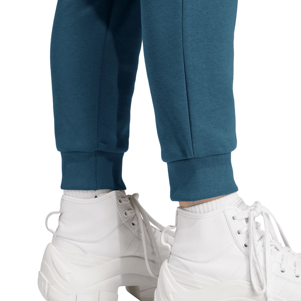 Blue adidas slim fleece jogger pants with ribbed cuffs and tapered leg