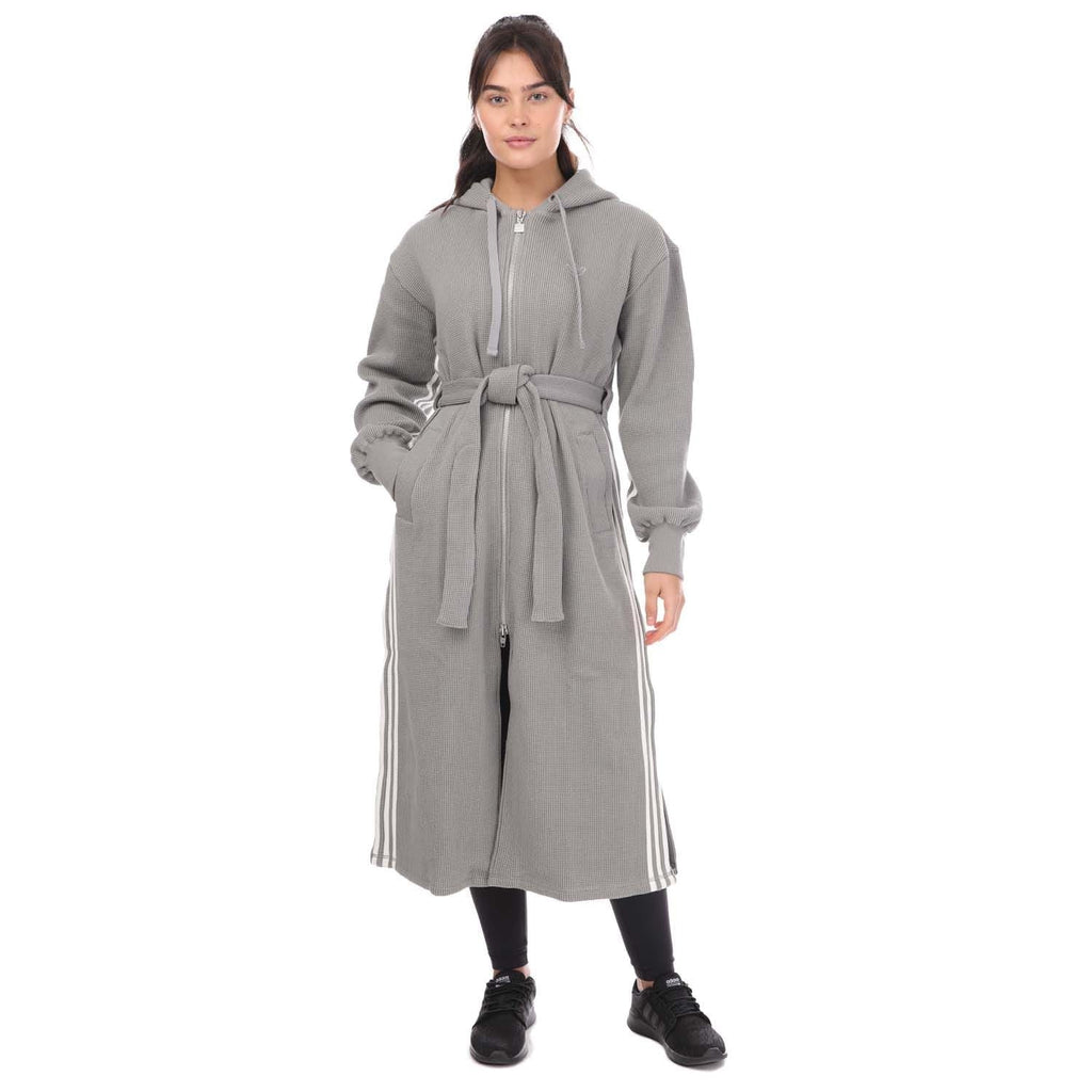 adidas Originals blue belted waffle robe, cozy nightwear onesie with hood and tie waist, soft textured fabric for comfortable loungewear