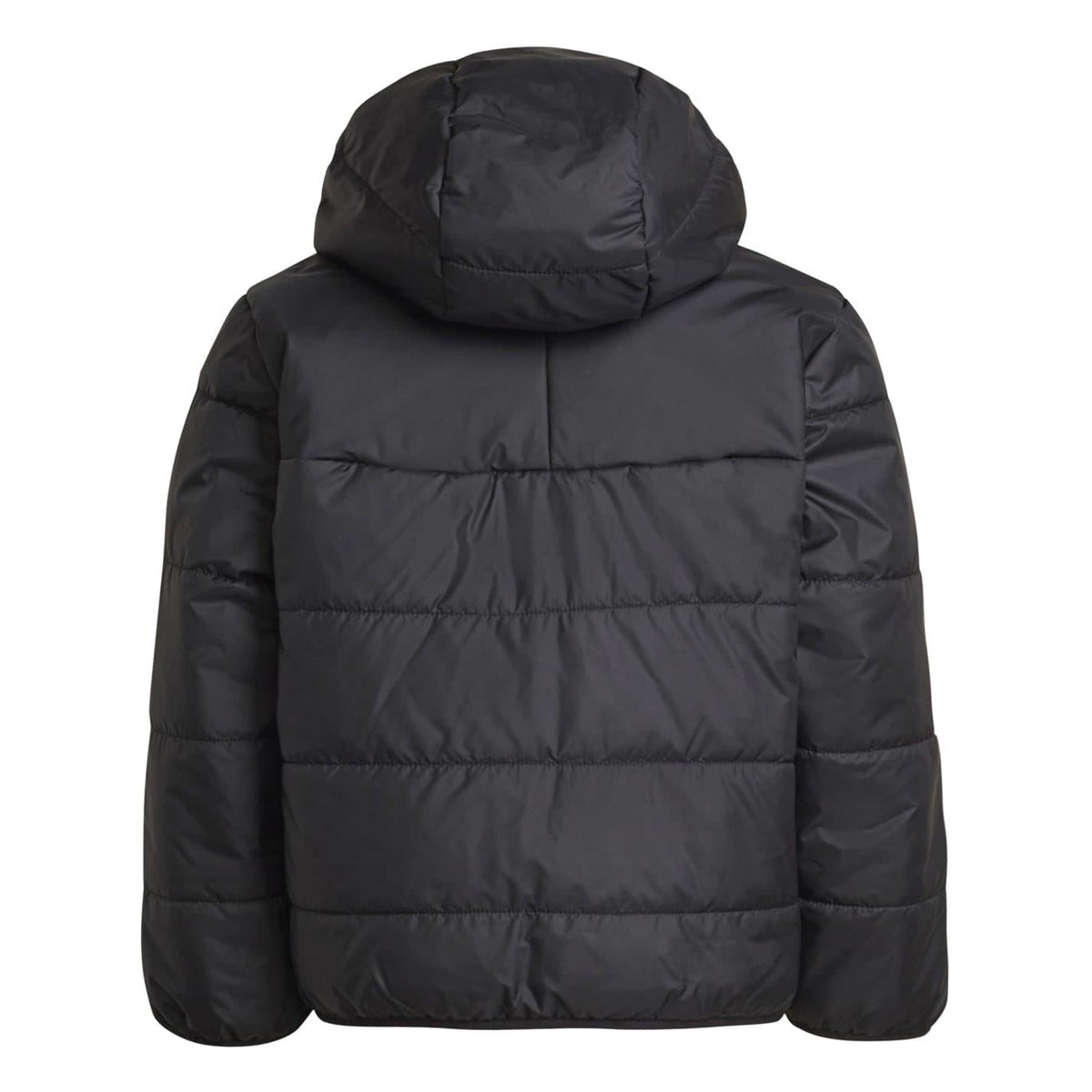 Black adidas hooded puffer jacket, rear view with quilted panels