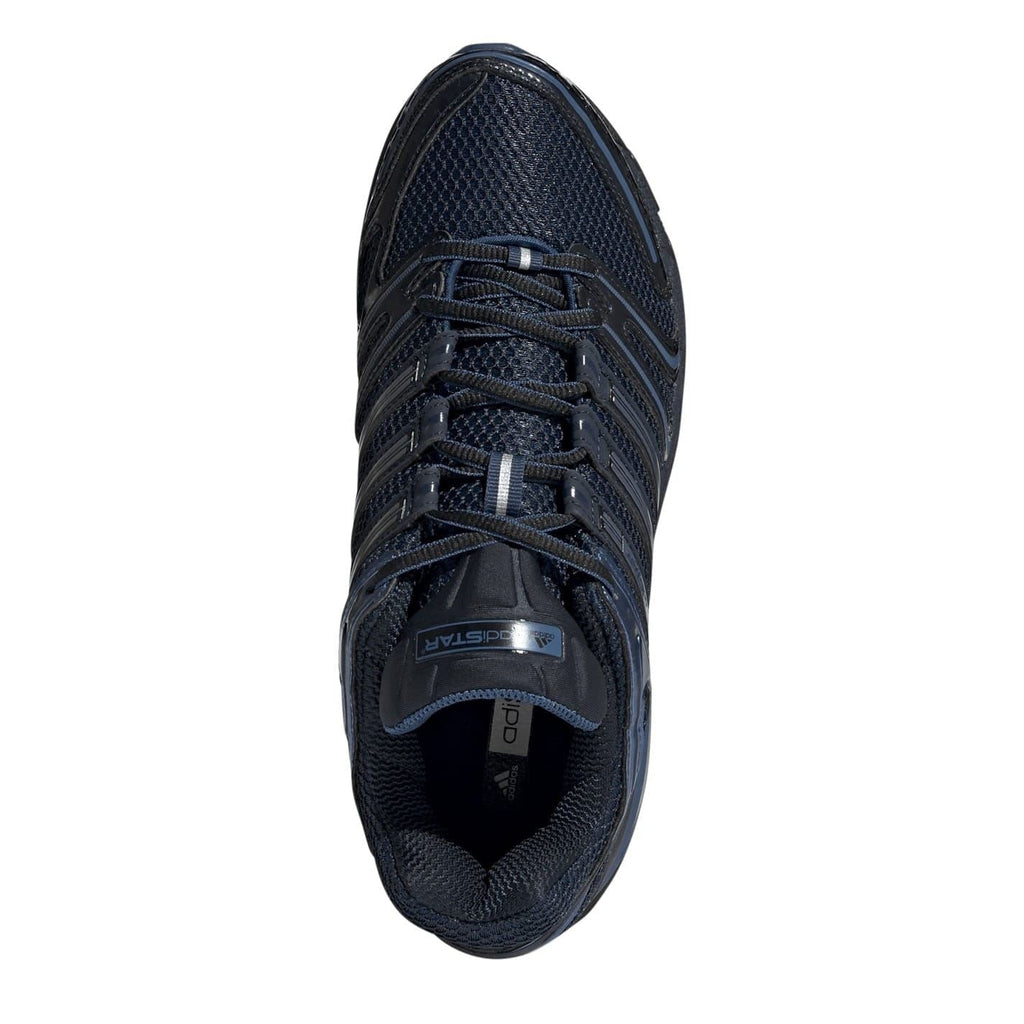 Dark blue adidas Originals lace-up sneakers, tongue and lace eyelets view