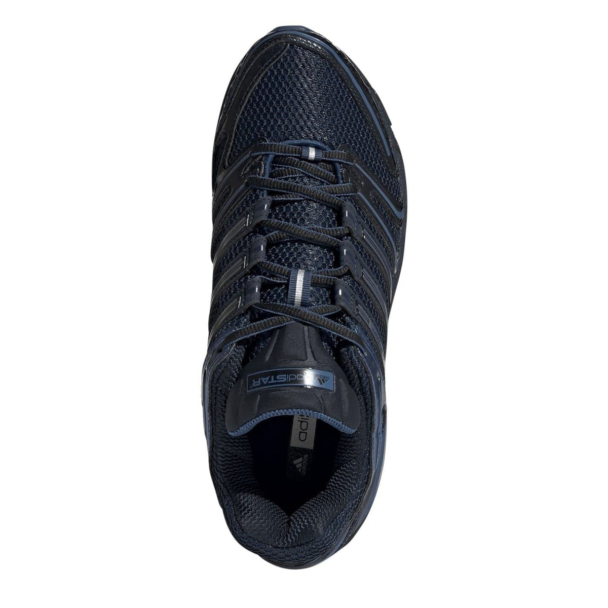 Dark blue adidas Originals lace-up sneakers, tongue and lace eyelets view
