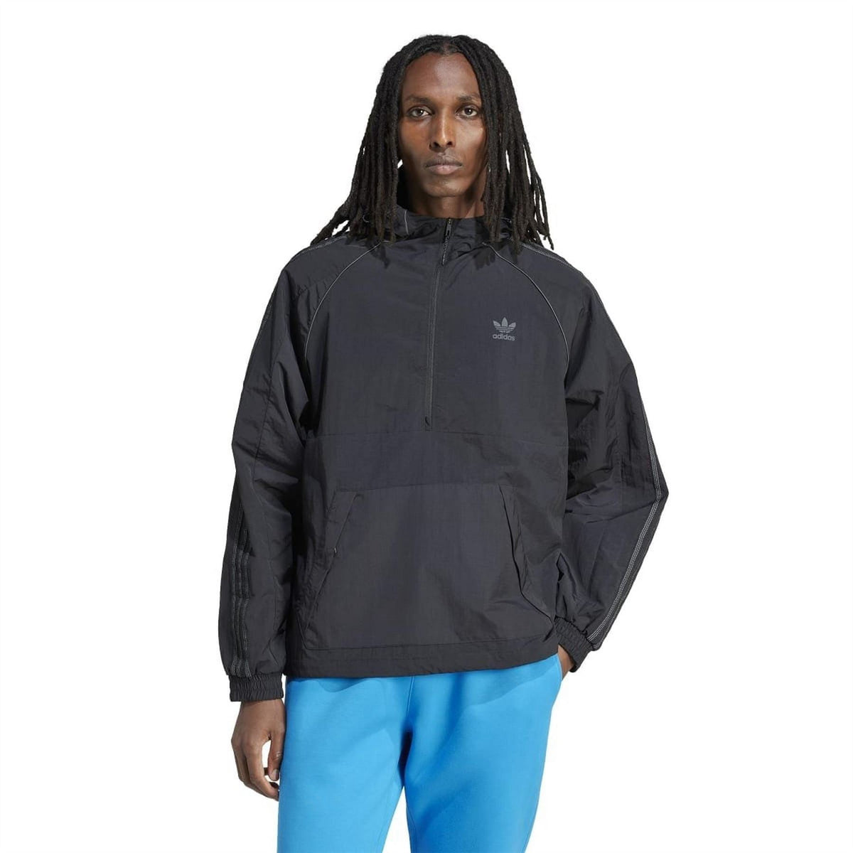 Black adidas hooded jacket with full zip front and small chest trefoil logo