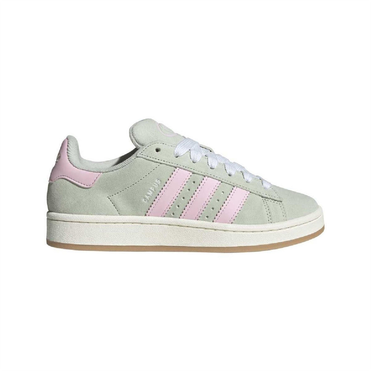 adidas Campus 00s trainers in pale green with pink three stripes, white laces, gum sole