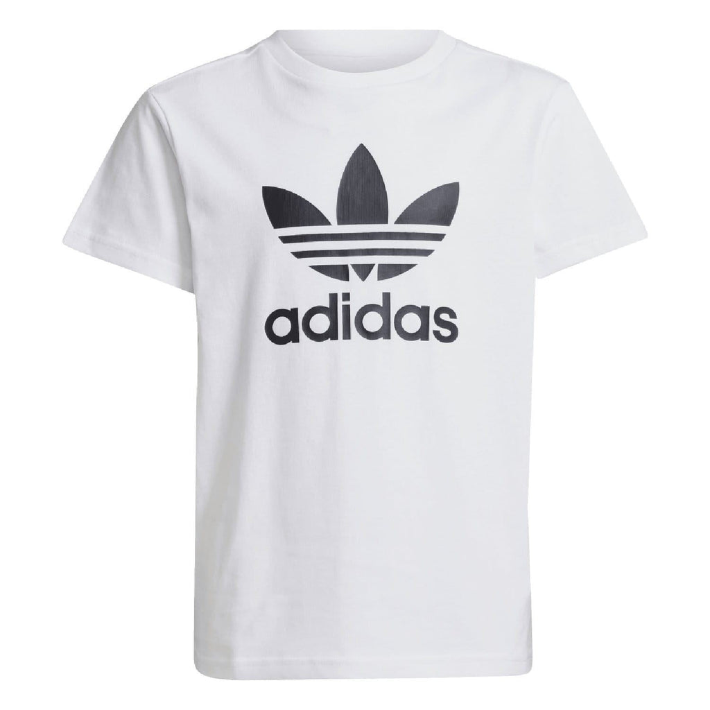 White junior adidas Trefoil t-shirt, front view with large black logo and crew neck