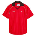 Red short-sleeve soccer jersey tee with black collar and adidas trefoil logo