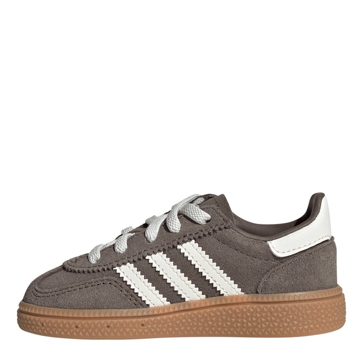 adidas Originals low-top sneakers, dark gray suede with white triple stripes and gum sole