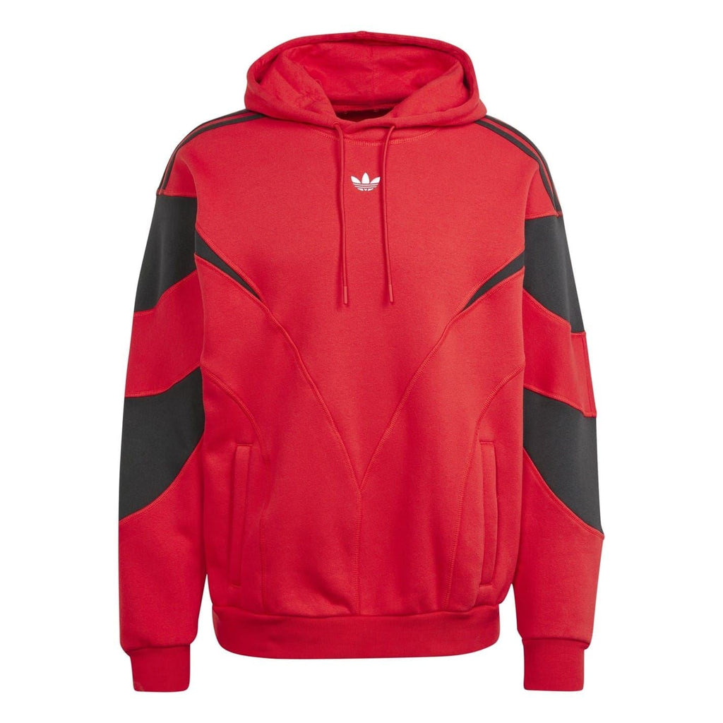 Red hooded sweatshirt with black panel accents, drawstring, and kangaroo pocket.