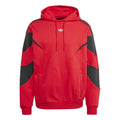 Red hooded sweatshirt with black panel accents, drawstring, and kangaroo pocket.