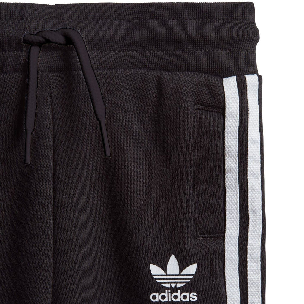 Infants black jogger pants with elastic waistband, drawstring, and side stripe detail