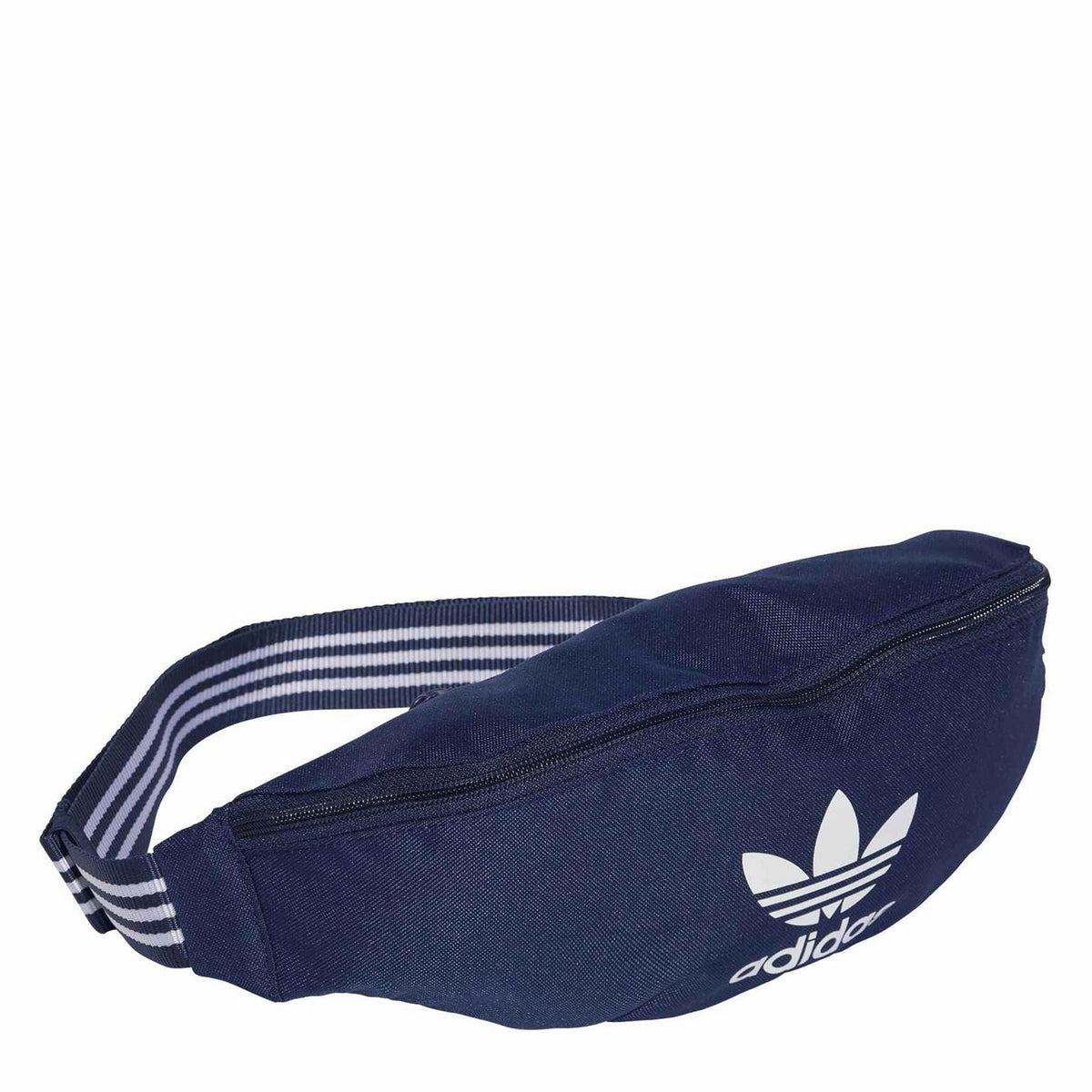 Dark indigo adidas waist bag with trefoil logo and striped shoulder strap