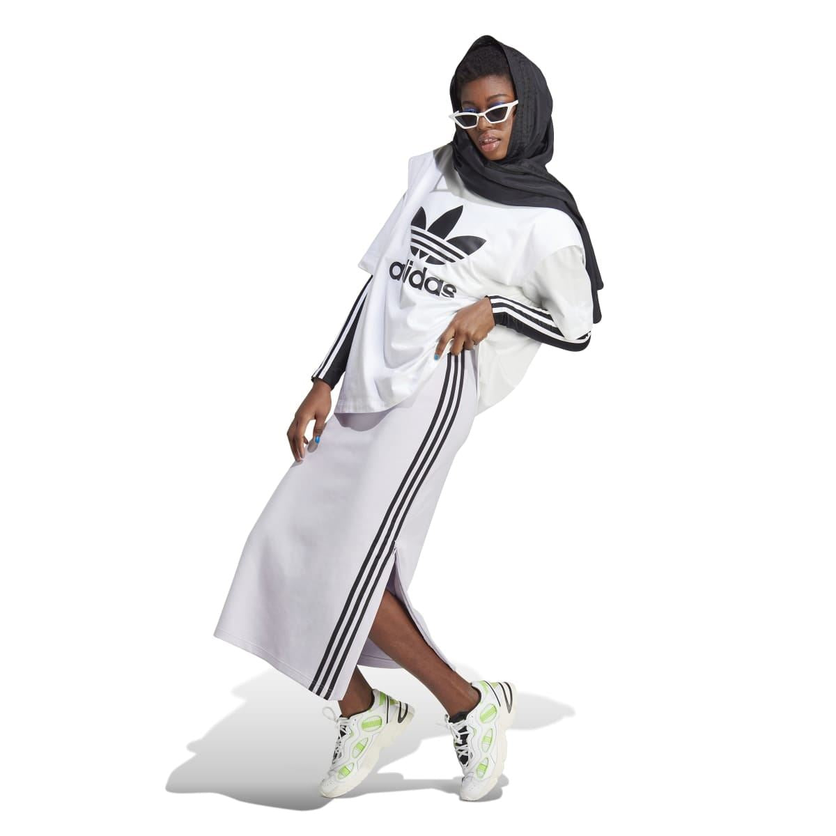 White adidas Originals T-shirt on model with trefoil logo on the front