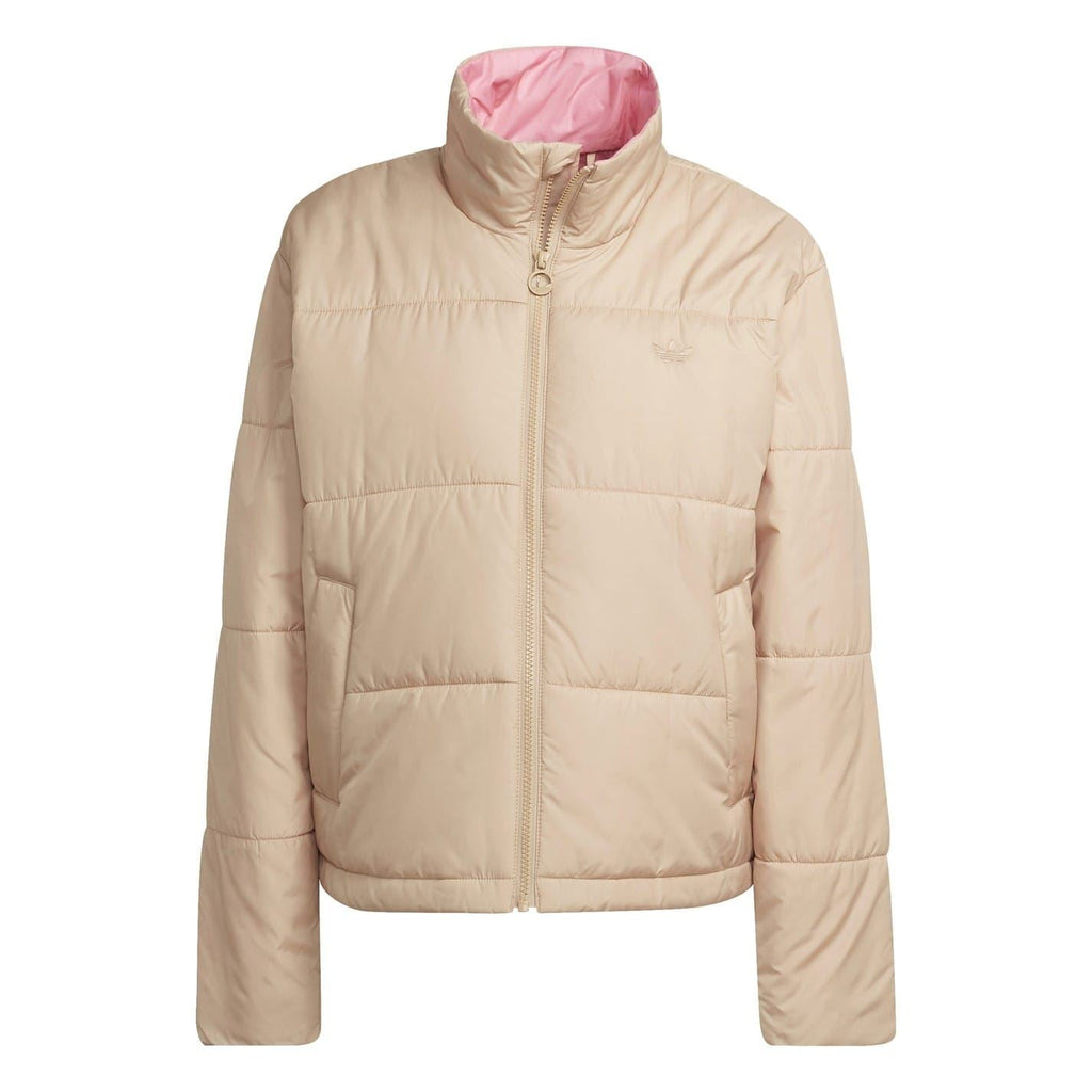 Beige high-neck padded jacket with center front zipper and stand collar.