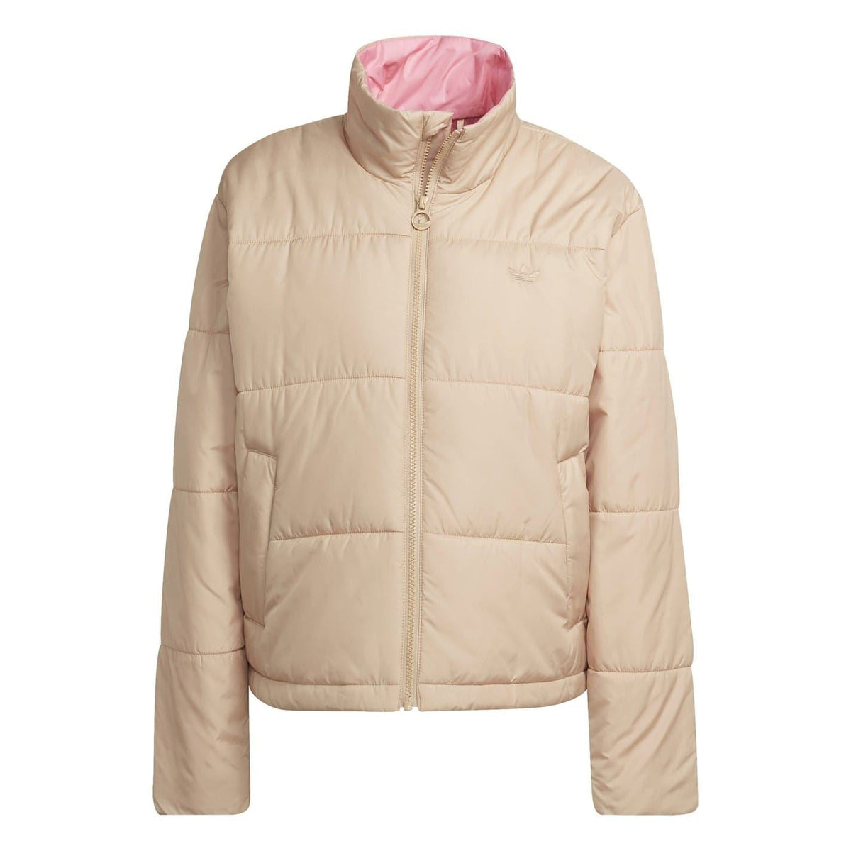 Beige high-neck padded jacket with center front zipper and stand collar.