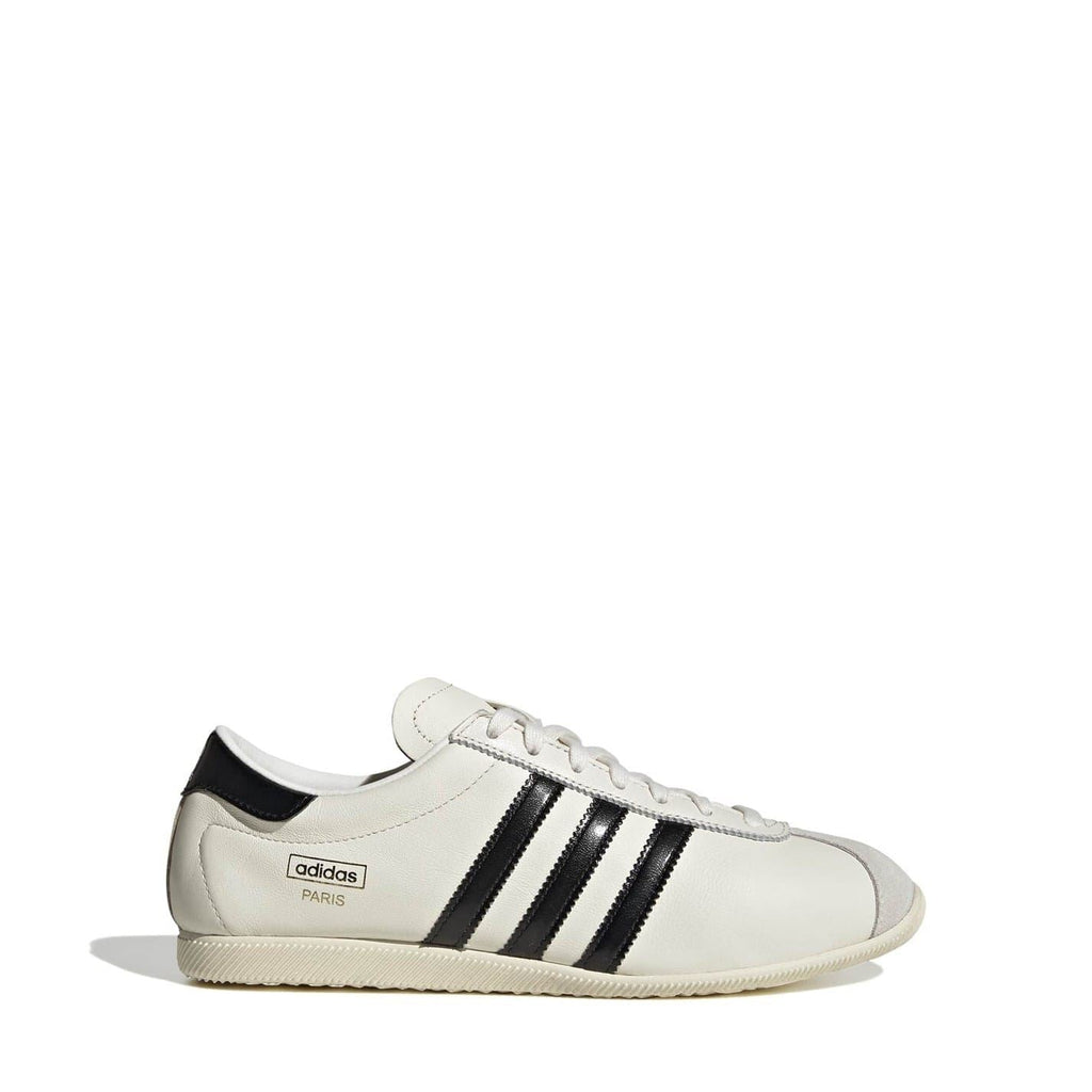 adidas Originals low-top lace-up sneakers, white leather with black stripes and Paris logo