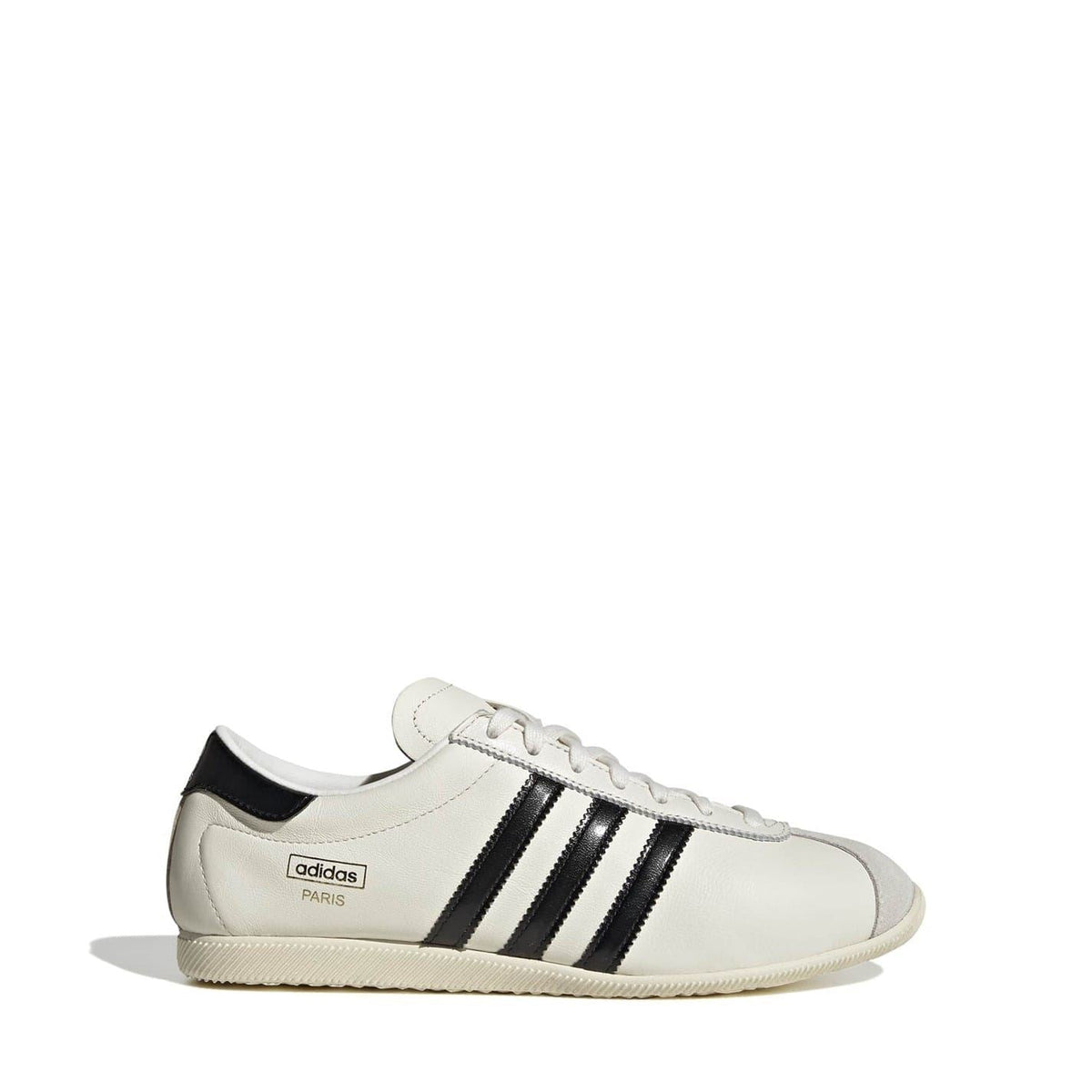 adidas Originals low-top lace-up sneakers, white leather with black stripes and Paris logo
