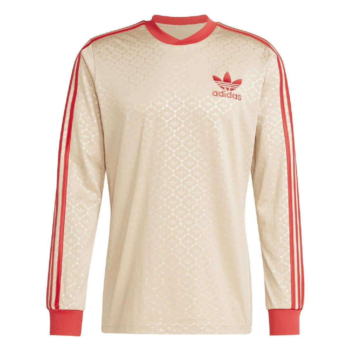 Beige adidas Originals jersey with red adidas logo on chest and sleeve stripe details