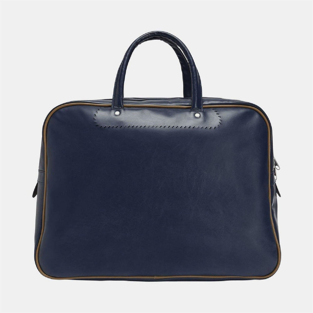 Navy duffel bag with top handles and side zip pockets
