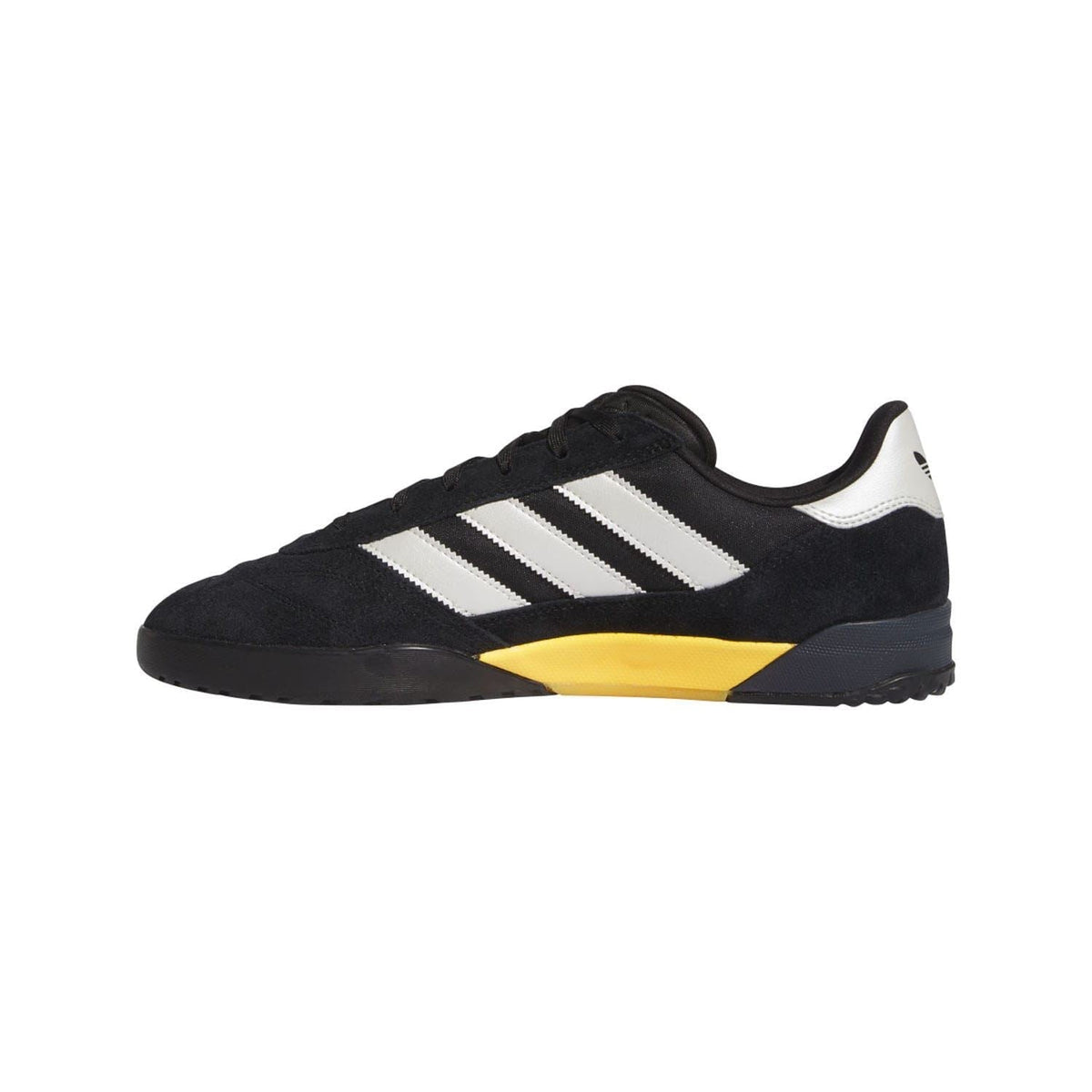 Black adidas trainers with white stripes and yellow accent midsole panel