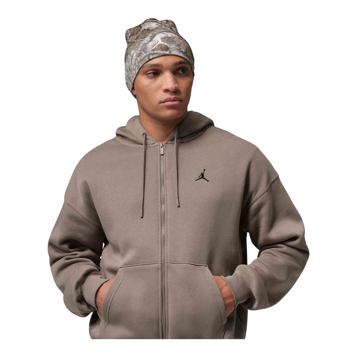 Mens Jordan Brooklyn Fleece Oversized Full Zip Hoodie Olive Grey/Black