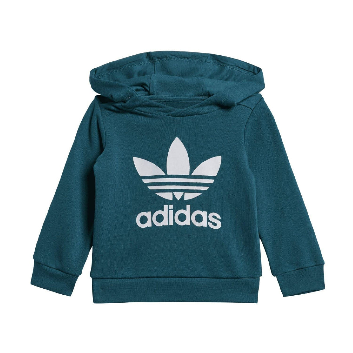 Teal infants hoodie with adidas trefoil logo, front view
