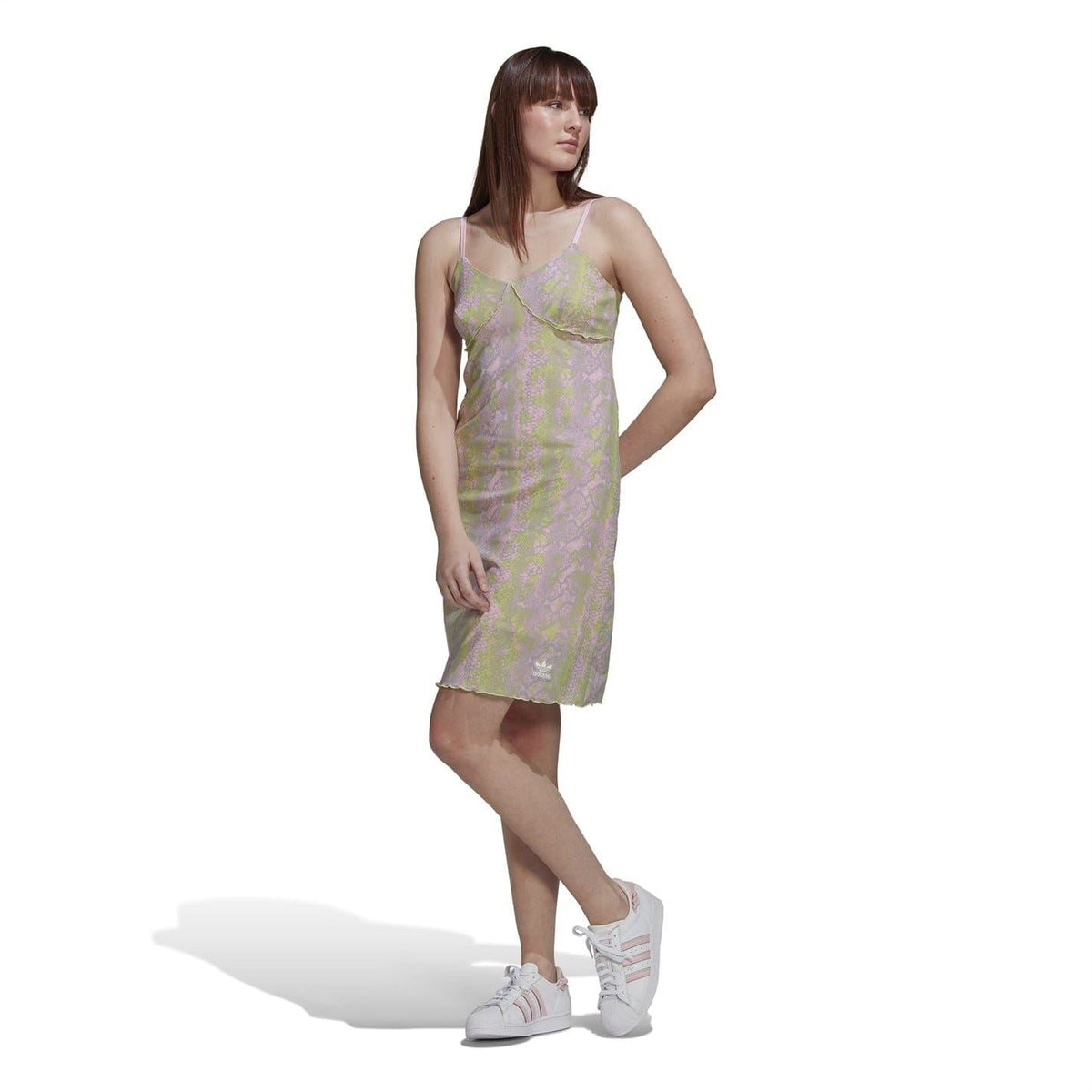 adidas Originals snake print midi slip dress with spaghetti straps, pastel pink-green-purple