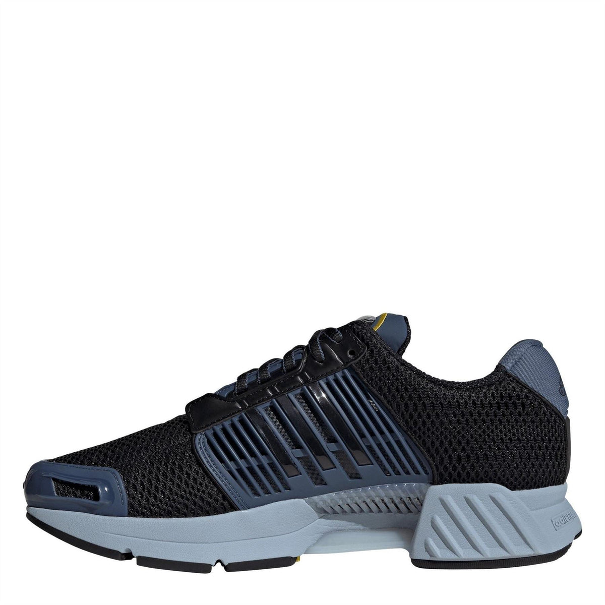 Running sneaker with black mesh upper, blue 3-Stripes, and light gray midsole
