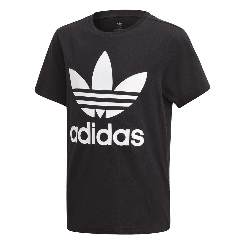 Kids black crew-neck T-shirt with white adidas Trefoil logo and adidas wordmark