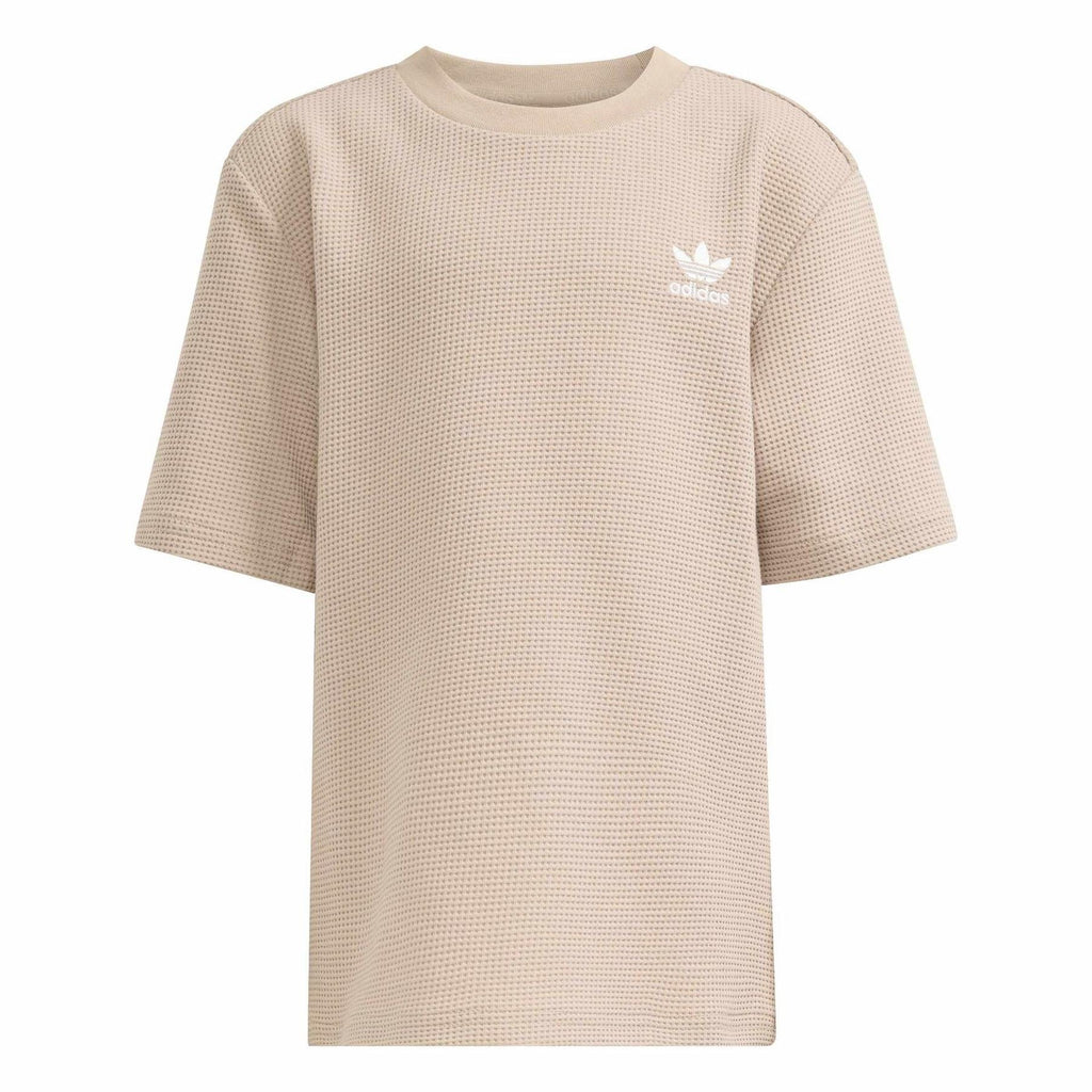 Stone khaki waffle knit t-shirt for infants with adidas trefoil logo, crew neck.