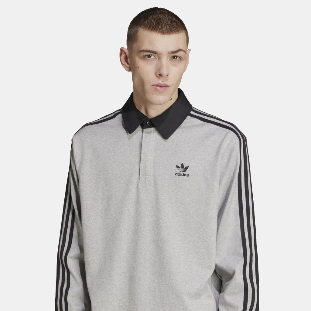 Grey rugby polo shirt with black collar and adidas logo on left chest