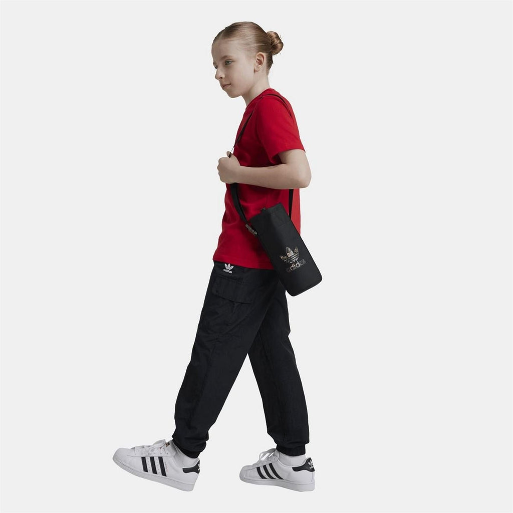 Black cargo track pants with elastic waist and roomy straight-leg fit