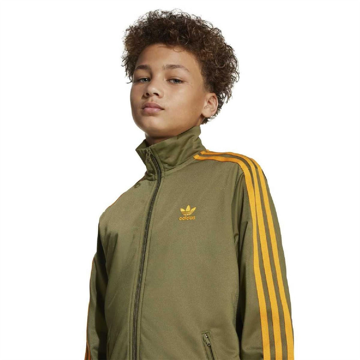 adidas junior athletic high-neck zip top, olive green with yellow-orange sleeve stripes