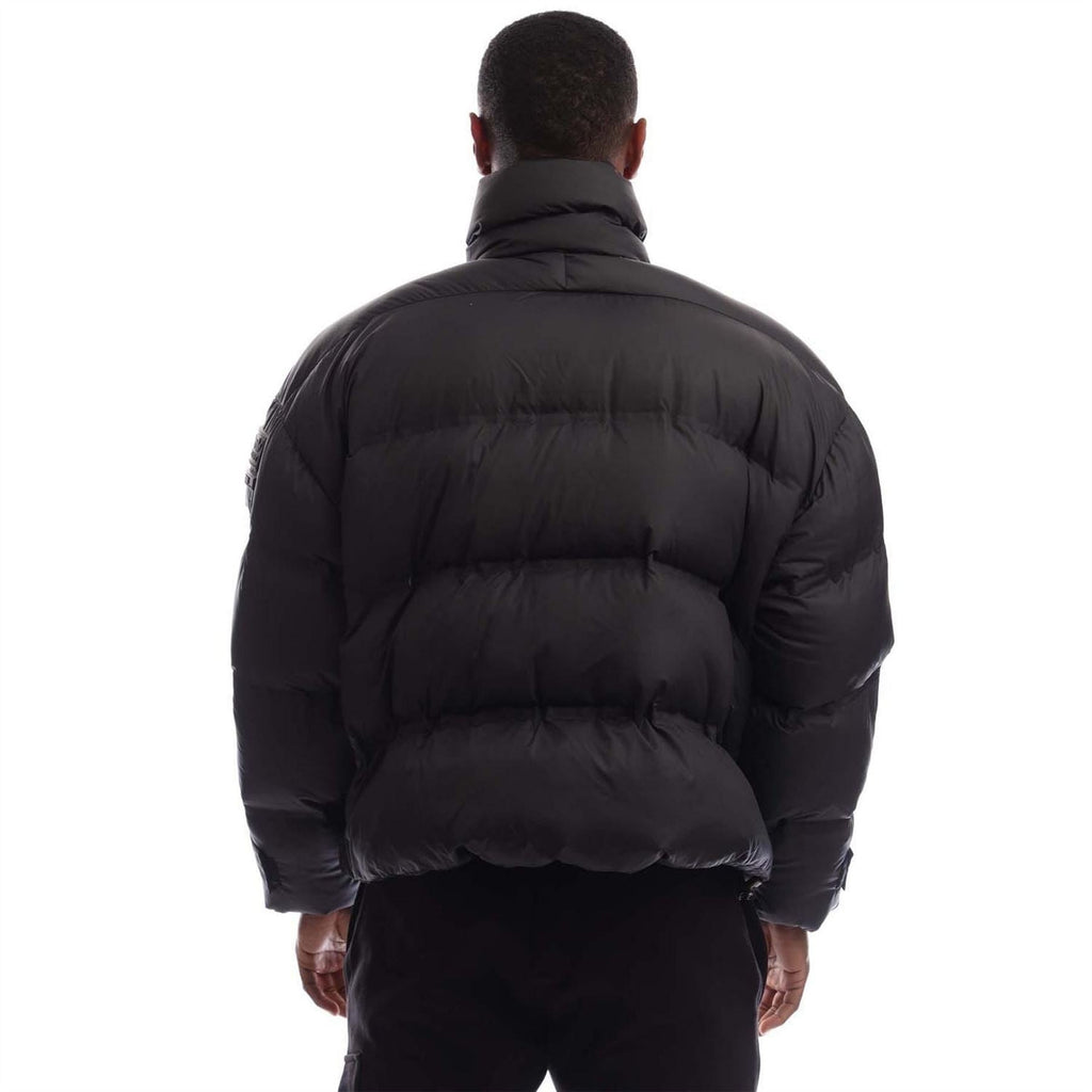 Black adidas Originals puffer jacket back view with quilted insulation panels