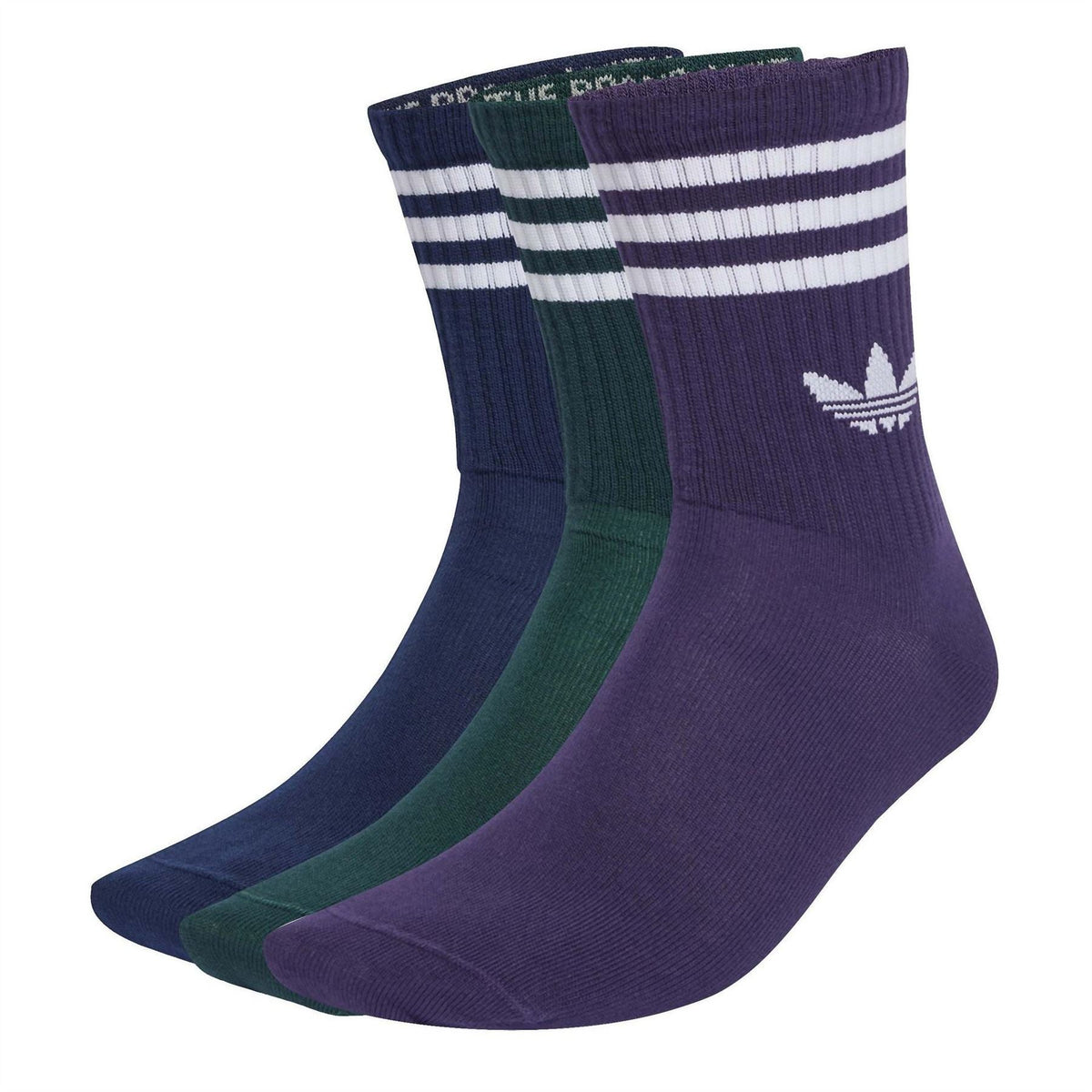 Set of three adidas Originals long crew socks featuring signature three stripes in black, white, and gray on comfortable fabric.