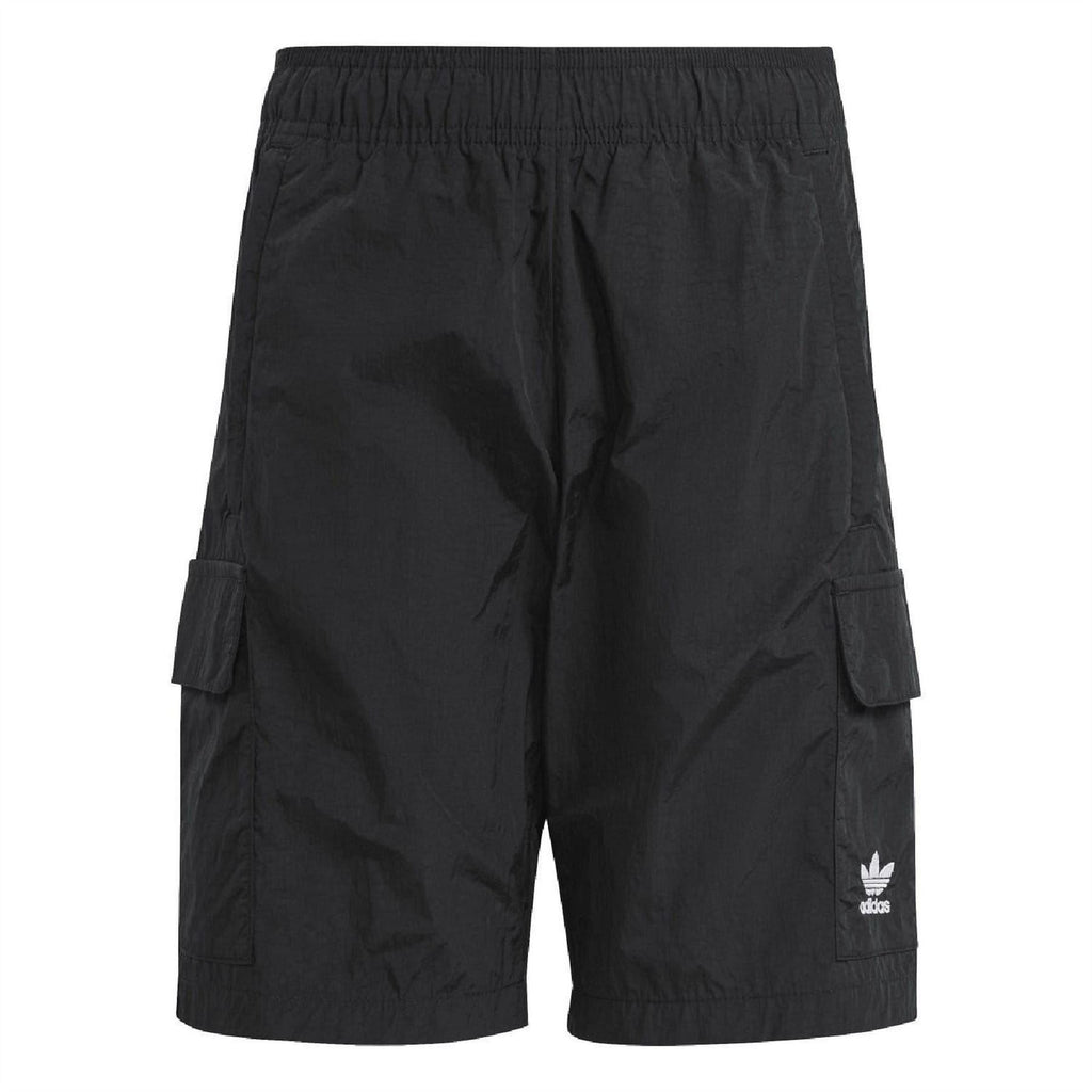 adidas Originals black cargo shorts with elastic waistband and side flap pockets
