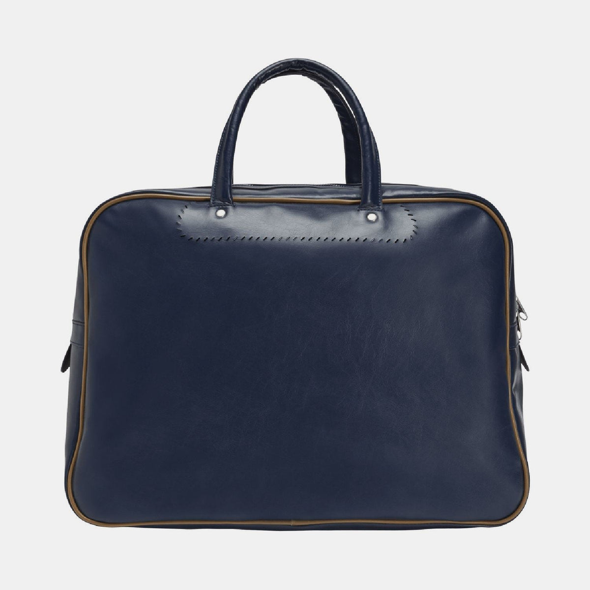 Navy duffel bag with top handle and side zipper pockets; small stitched logo detail.
