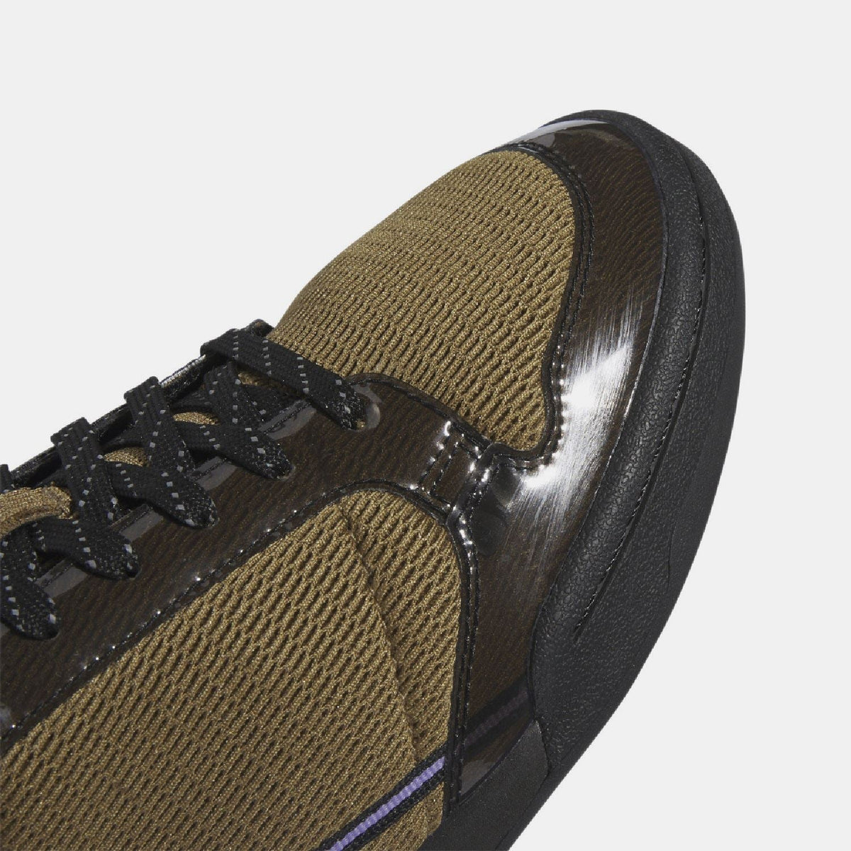 adidas Originals sneaker side view, khaki knit with black laces and reflective toe cap