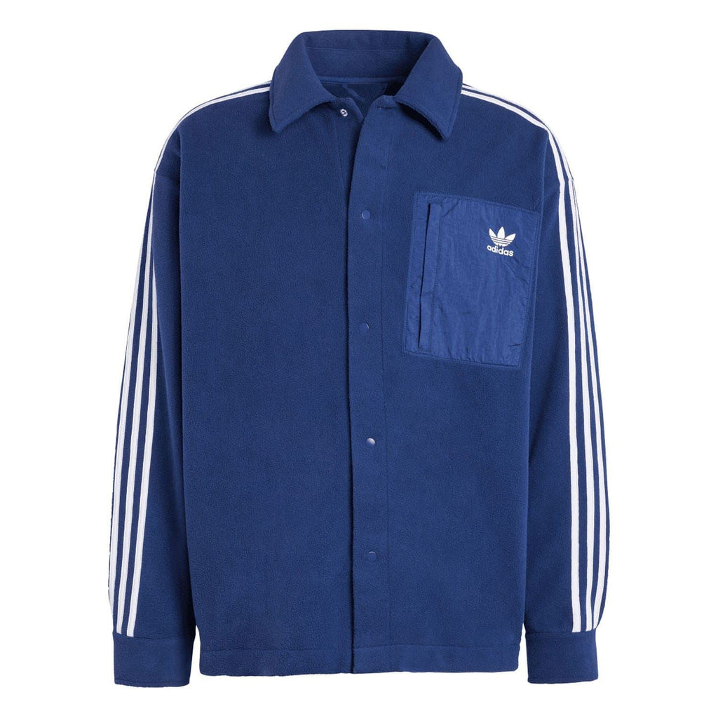 Indigo adidas fleece track shirt front with button placket, stand collar, chest pocket, logo