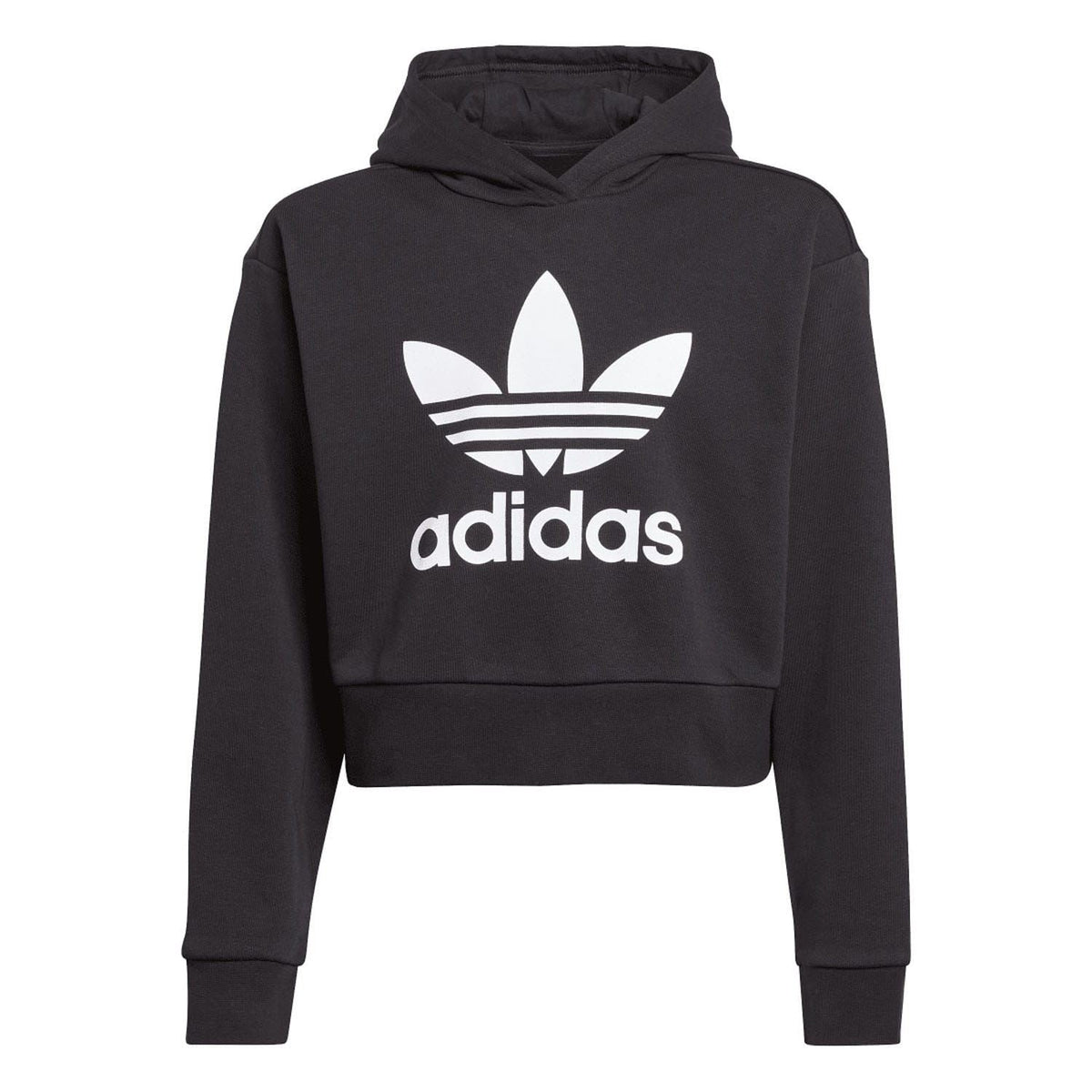 Juniors cropped black hoodie with adidas trefoil logo print and kangaroo pocket.