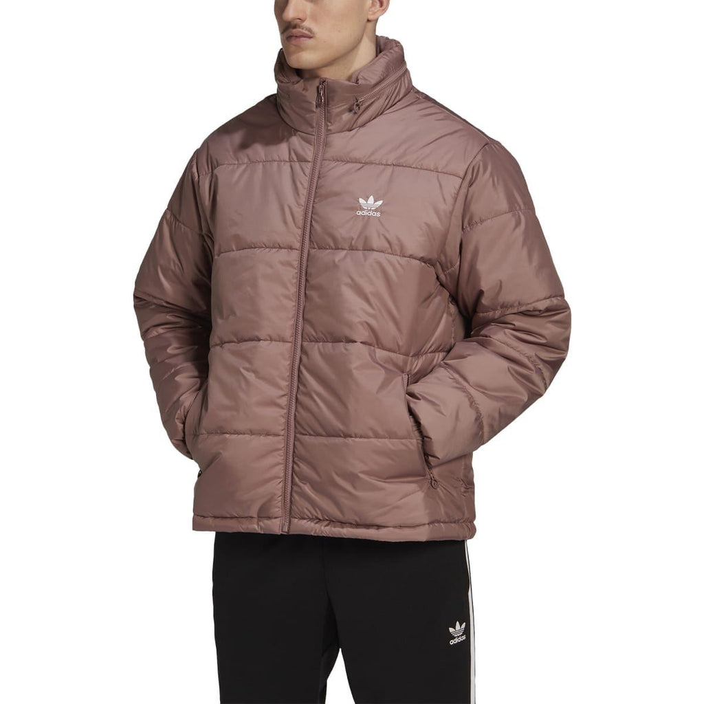 Burgundy padded puffer jacket with hooded collar, full-zip front, and side chest logo