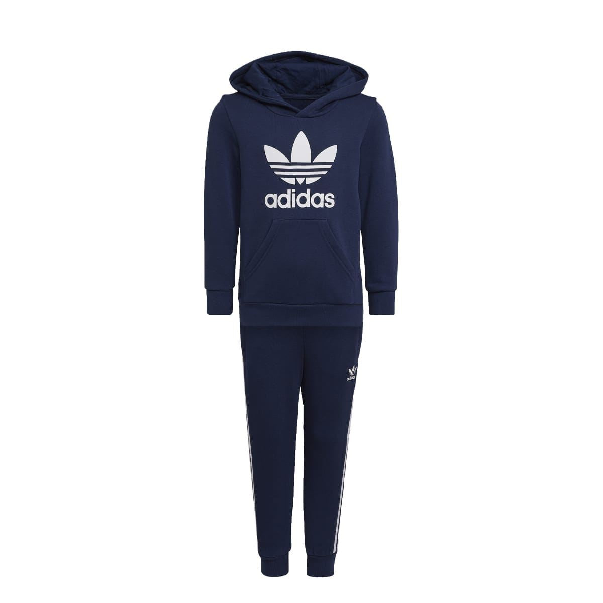 Kids navy adidas hoodie and joggers set, back view with trefoil logo