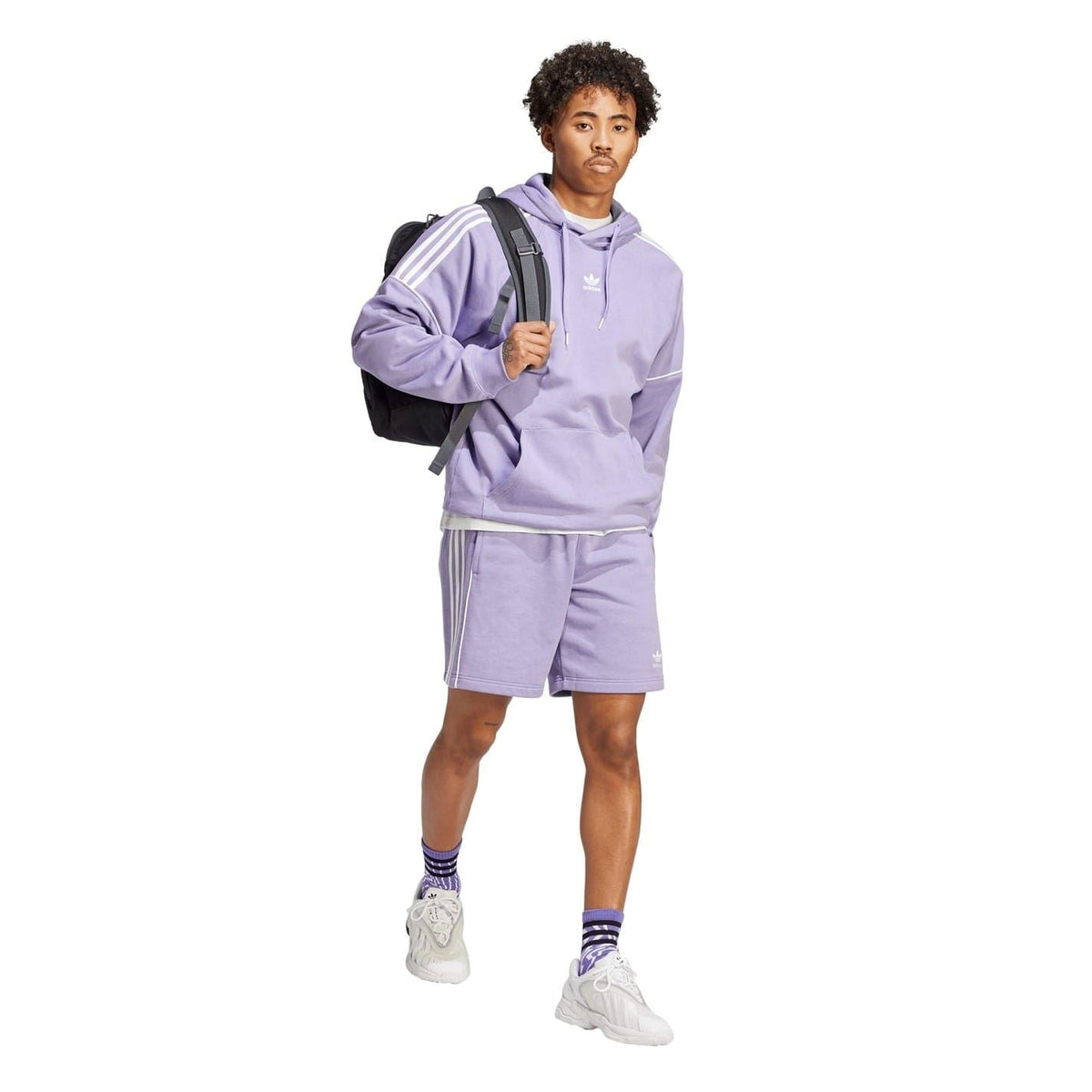 Lavender shorts with drawstring waistband, side pocket, and adidas trefoil logo