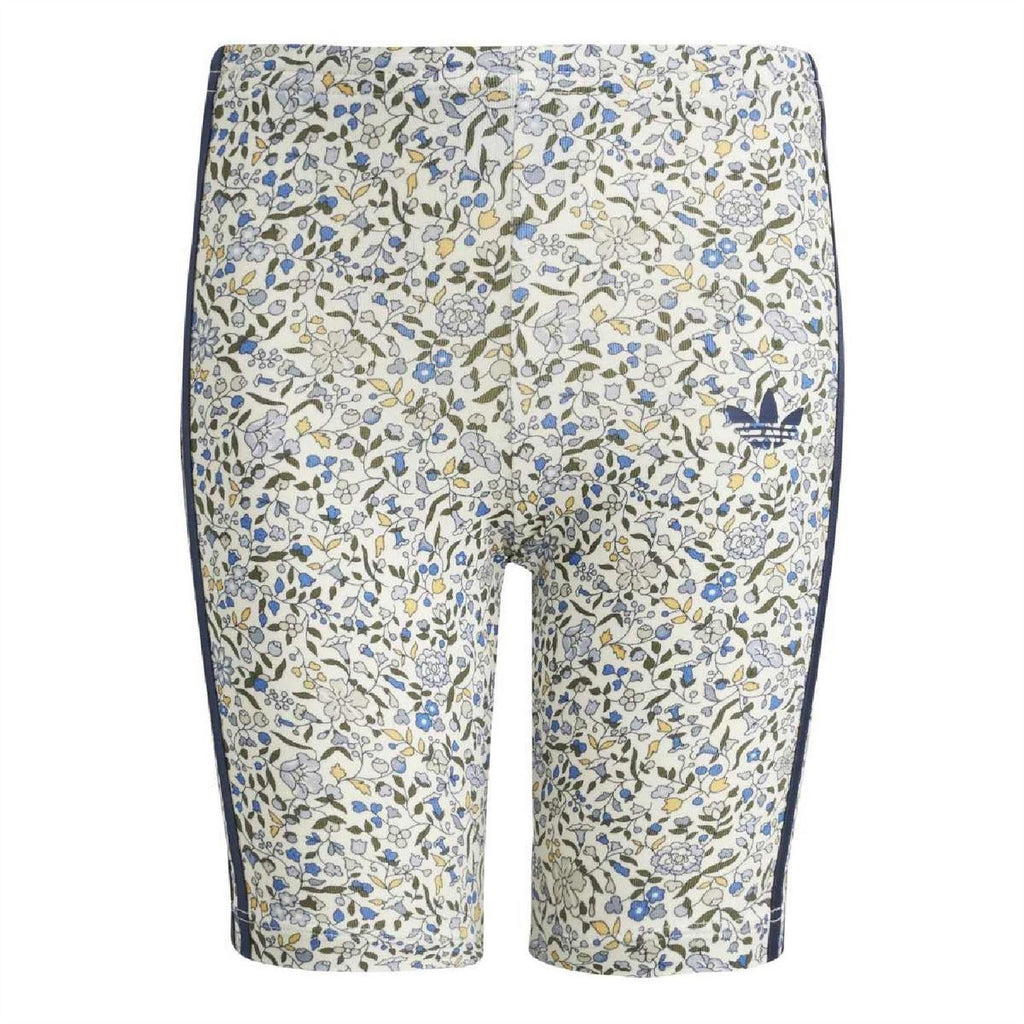 adidas shorts in white with navy and floral allover print, stretch jersey look