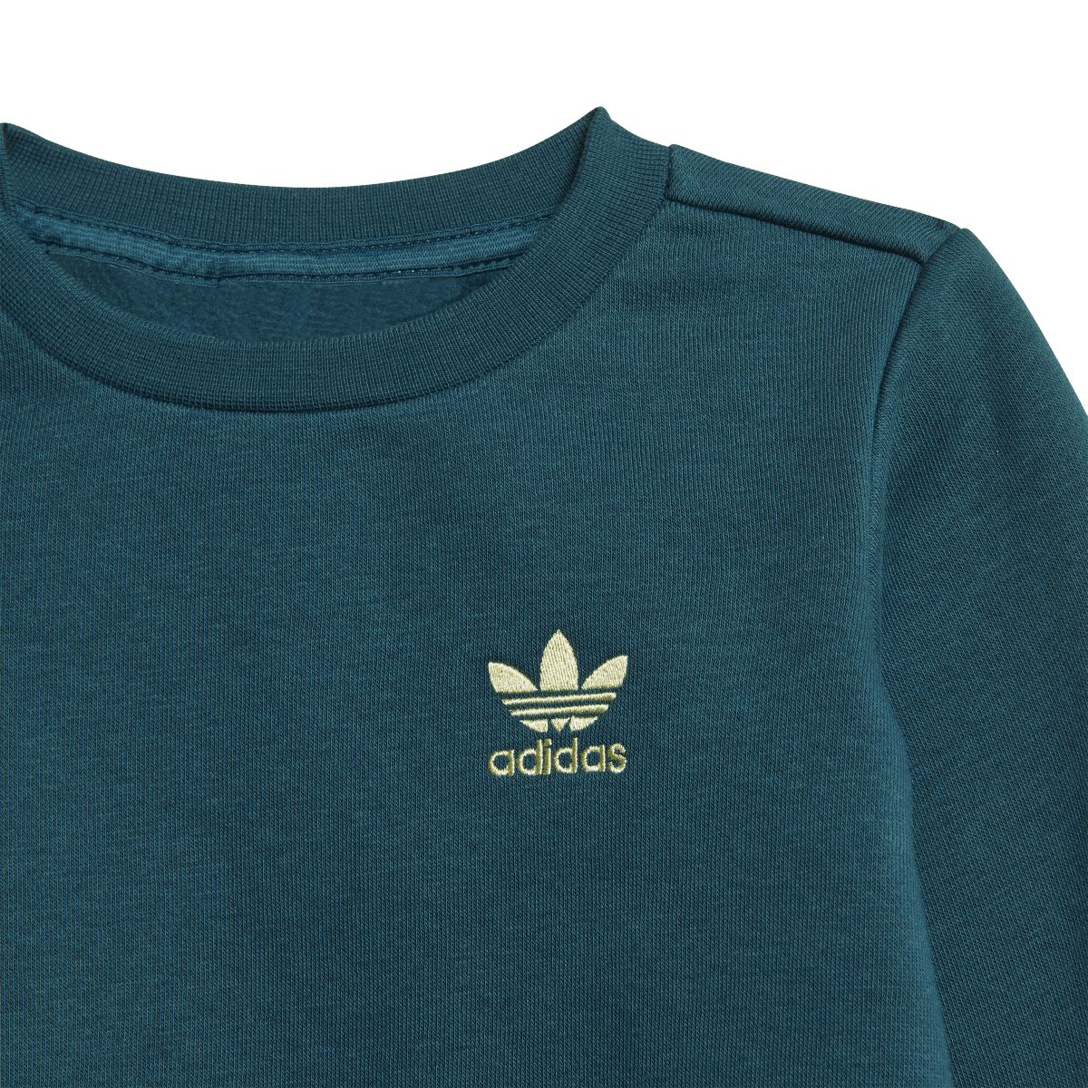 Teal adidas crew sweatshirt with gold trefoil logo on the chest
