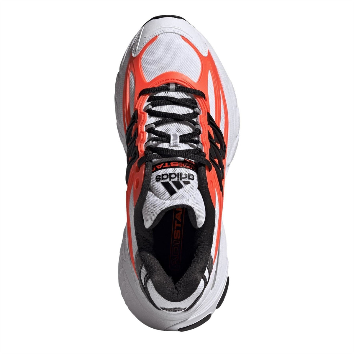 White and orange lace-up sneakers with black laces and mesh upper, side view