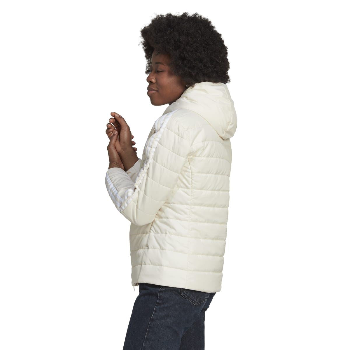 Off-white hooded slim puffer jacket shown from the side with zip front
