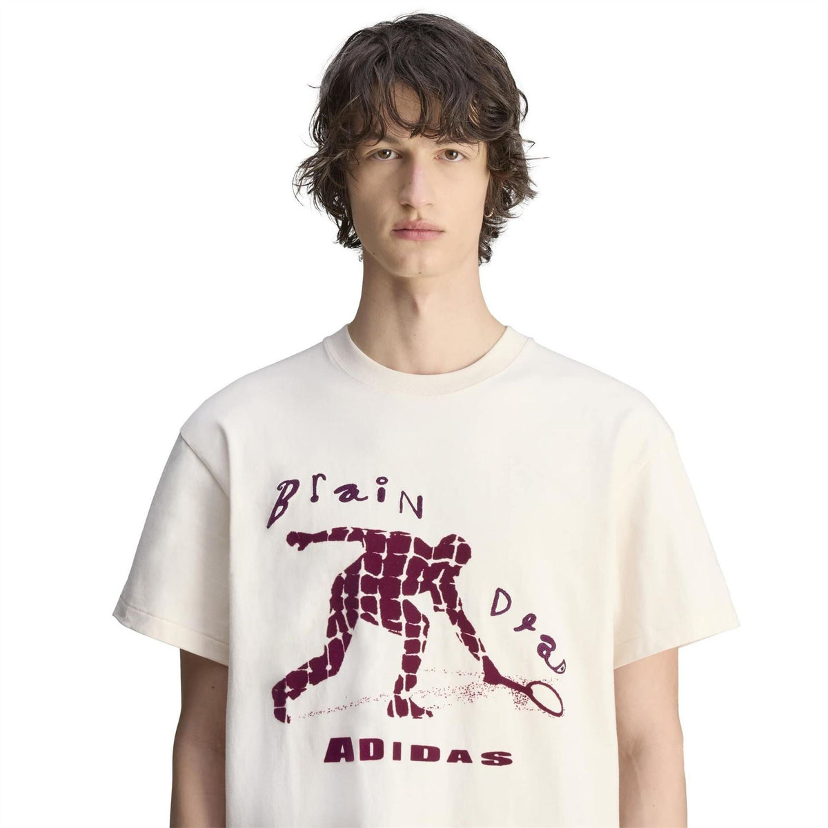 Wonder White crewneck T-shirt with maroon 'Brain' script and Adidas logo