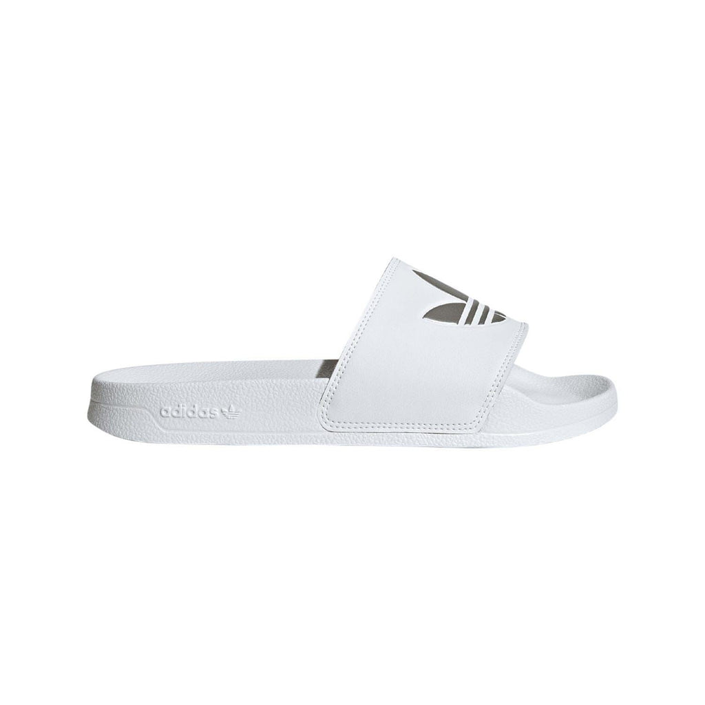 White adidas slide sandals with wide strap and embossed adidas branding