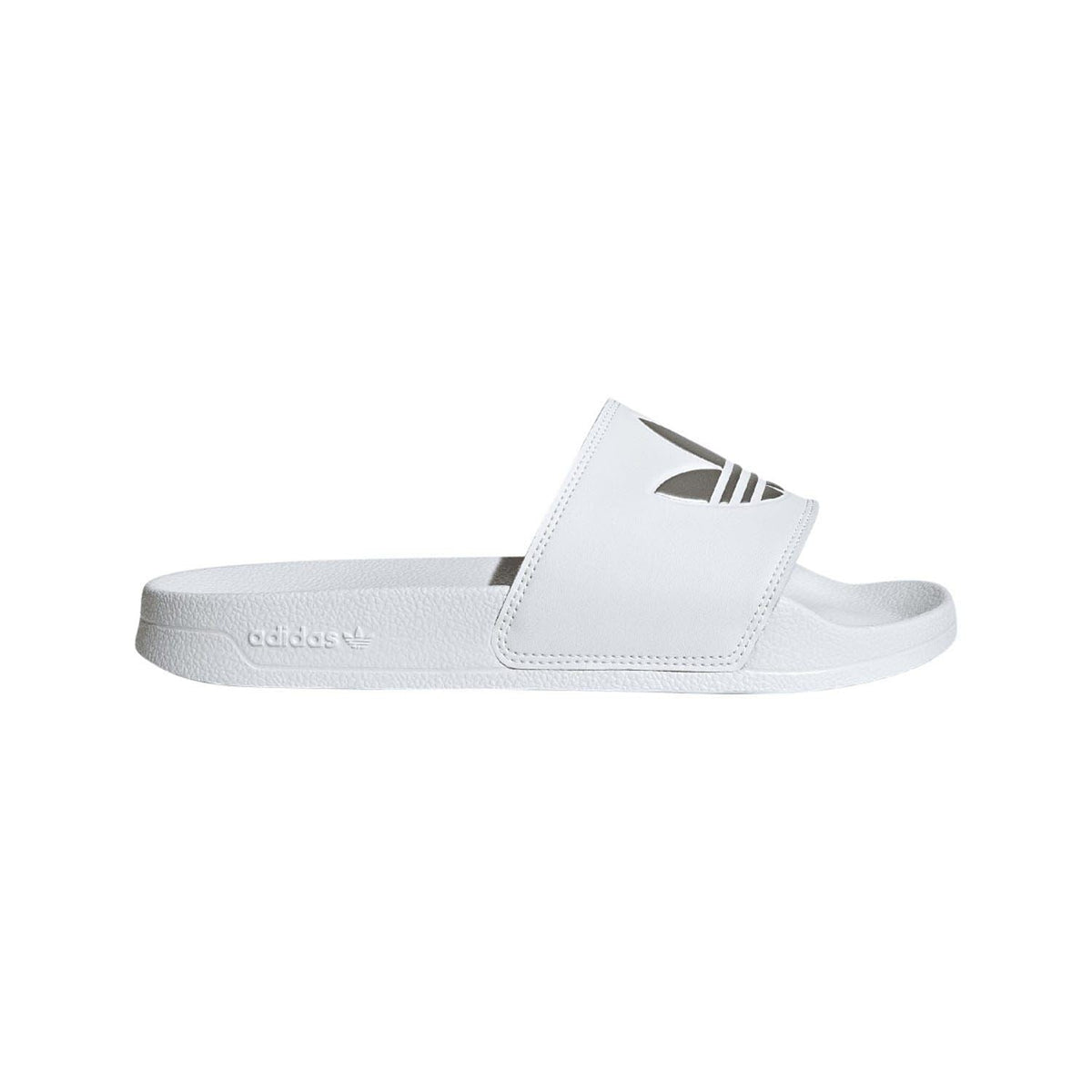 White adidas slide sandals with wide strap and embossed adidas branding