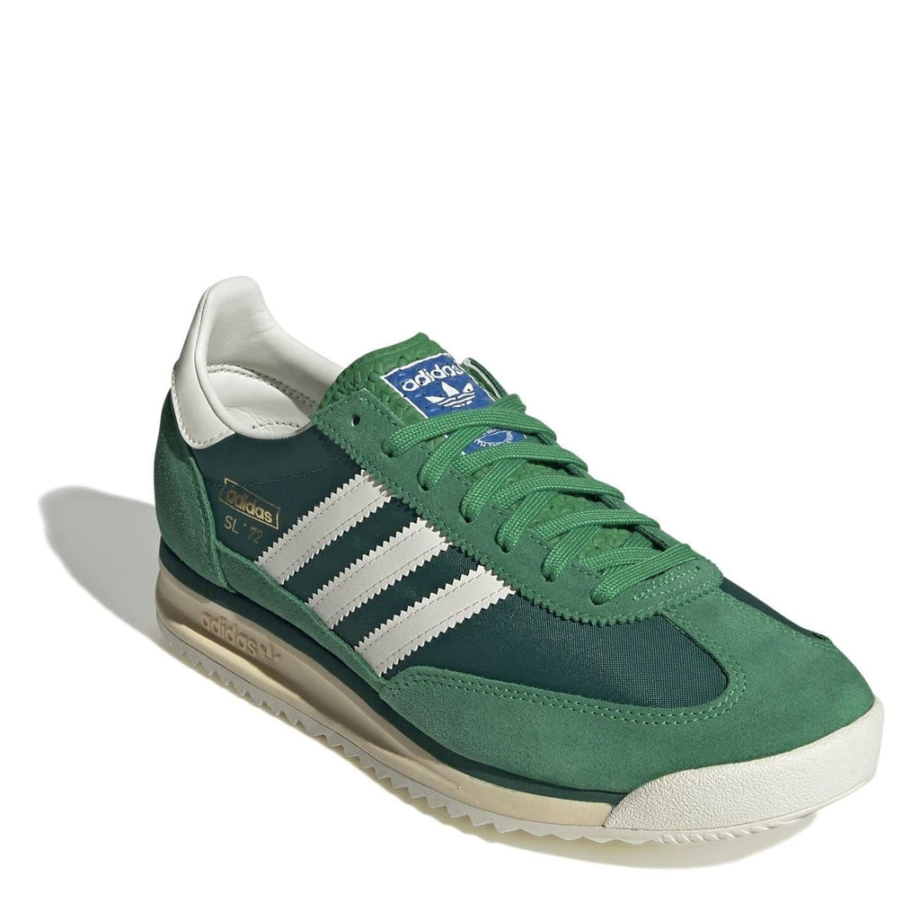 adidas SL 72 RS sneakers, green upper with white stripes and blue tongue label