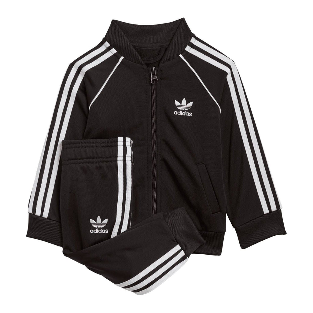 Infant black zip-up tracksuit jacket with white triple stripe sleeves and matching pants